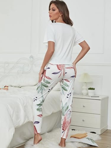 Image of TAGAS Women's Looper Fabric Night Suit Set - Soft Short Sleeve Printed Top with Floral Pajama Pants - Breathable Lightweight 2-Piece Sleepwear & Loungewear Set for Ladies