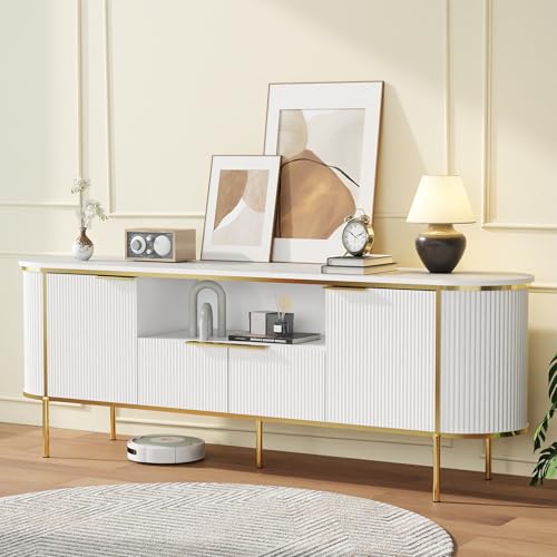 Jotirxe White Fluted TV Stand: 70" Luxury Entertainment Center with Storage for 80 Inch TVs, Modern TV Consoles for Living Room, Wood Media Console with Faux Marble Top