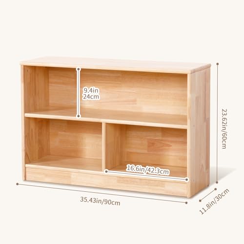 Image of OOOK Rubber Wood 3-Compartment Wooden Storage Cabinet, 35.4 inch L, 2-Tier Toy Organizers and Storage, Montessori Shelf for Kids Room, Playroom, Nursery, Classroom, Kindergarten