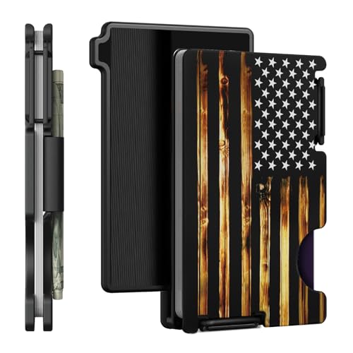 Minimalist Metal Wallet for Men with Inner Key Coin Tray, Ultra-Thin Aluminum Card Holder with Cash Strap, Slim Front Pocket RFID Blocking Wallet, Personalized Wood American Flag