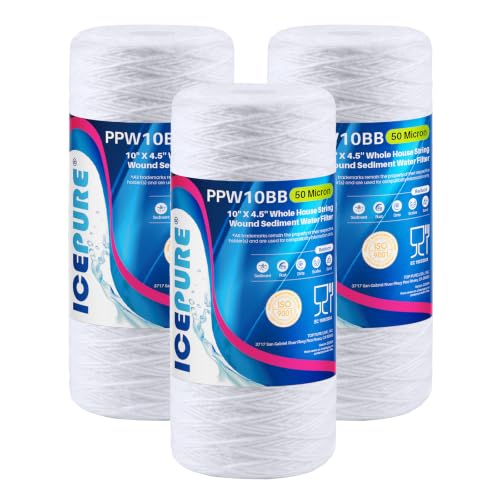 Image of ICEPURE 50 Micron 10 inch*4.5'' Whole House Sediment String Wound Water Filter Replacement filter for 84637, WPX5BB97P, PC10, 355214-45, 355215-45, WP10BB97P, WP5BB97P, 3 PACK