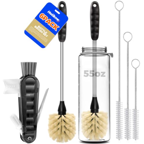 Image of Holikme 6 Pack Bottle Brush Tube Set, 14 inch Long Handle Stainless Steel Bottle Cleaner Brush, 3 Straw Brushes, Portable 3-in-1 Bottle Cleaning Brush for Water Bottle Cups Baby Bottle Straws, Yellow