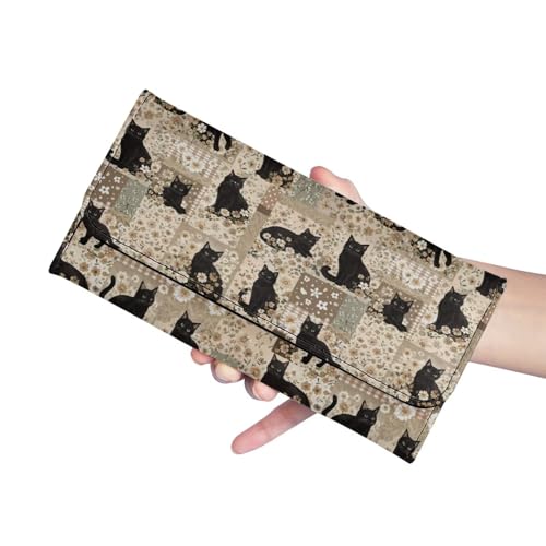 Image of AFPANQZ Black Cat Floral Womens Wallets Leather Trifold Multi Card Holder Slots Wallet, Ladies' Leather Card Pouch Bag for Keys Lipstick Cit Cards Holder