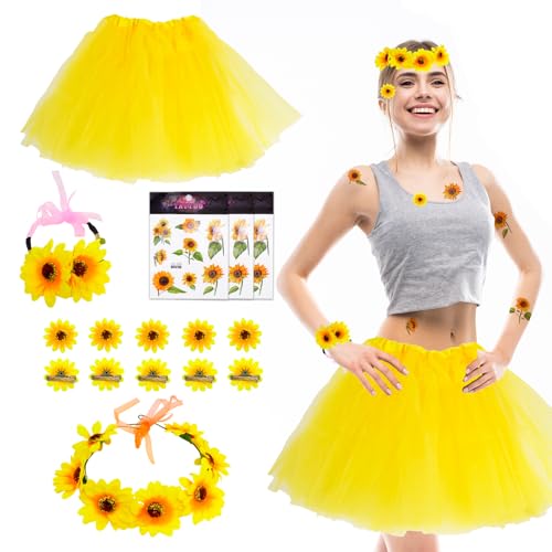 YHSKJCD Lot de 16 costumes de tournesol pour femme - Costume de fleurs de carnaval avec jupe tutu...