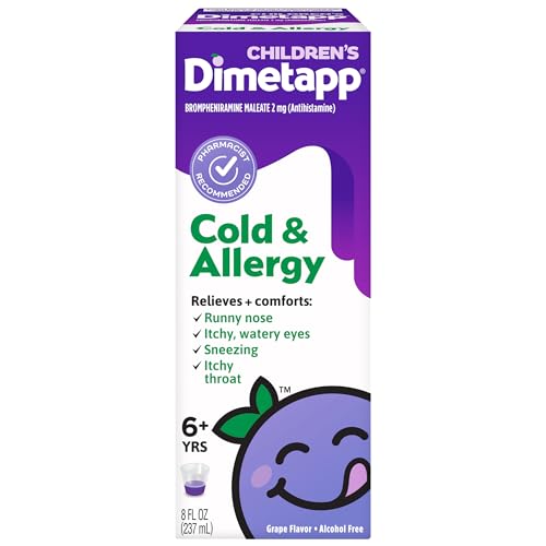 Children’s Dimetapp Cold & Allergy Liquid, Antihistamine Multi-Symptom Relief for Runny Nose, Sneezing, Itchy Throat & Watery Eyes, Grape Flavor, Phenylephrine-Free Cold Medicine, 8 fl oz