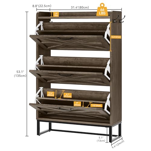 DWVO Farmhouse Shoe Storage Cabinet with 3 Flip Drawers, Slim Shoe Cabinet for Up to 24 Pairs, Narrow Shoe Rack for Entryway, Living Room, Hallway (Washed Grey)