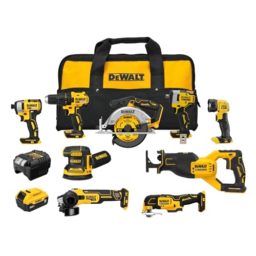 DEWALT 20V MAX 5Ah, Brushless 9 Power Tools with Battery, Charger, Drill, Impact Driver, Reciprocating Saw, Circular Saw, Oscillating Tool, Grinder, Orbit Sander, Impact Wrench, Flashlight (DCK921P1)