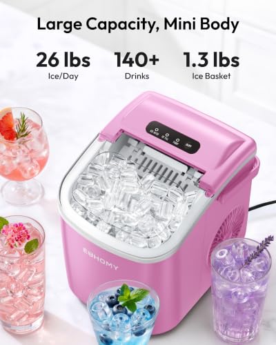 Image of EUHOMY Countertop Ice Maker Machine with Handle, 26lbs in 24Hrs, 9 Ice Cubes Ready in 6 Mins, Auto-Cleaning Portable Ice Maker with Basket and Scoop, for Home /Kitchen /Camping /RV. (Pink)