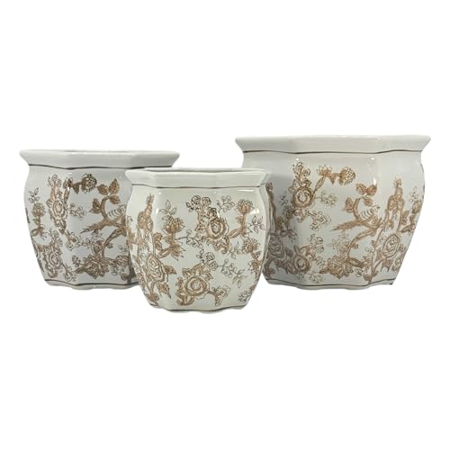 Galt International Brown & White Round Fluted Floral Porcelain Ceramic