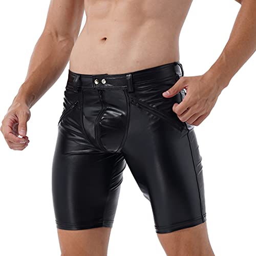 Renvena Black Mens Faux Leather Boxer Shorts Zipper Bulge Pouch Pants Hip Hop Clubwear Shorts Black X-Large #TOP1