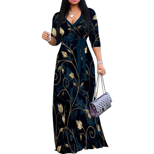 Image of SUZONANA Plus Size Dresses for Women Print Maxi Dresses Flowy 3 /4 Sleeve with Belt