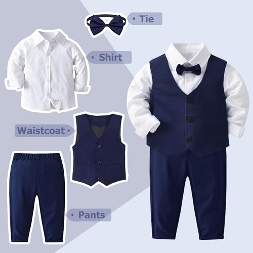 Image of Baby Boys Gentleman Suits 4 PCS Kids Formal Wedding Tuxedo Outfits Long Sleeve Shirt with Bow Tie+Vest+Pants Set