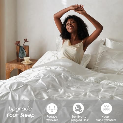 MR&HM Satin Comforter California King 7 Pieces Ivory - Luxurious Pinch Pleat Bedding Set with Comforter, Flat Sheet, Fitted Sheet, Pillowcases & Shams, Super Silky Soft Bed Set for All Season