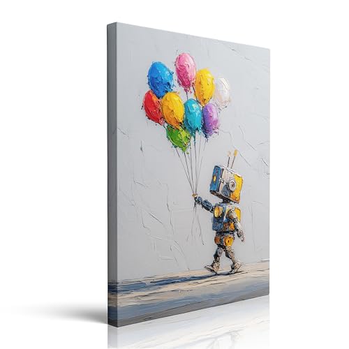 Playful Robot with Colorful Balloons Pop Art Canvas Wall Art Framed Print Painting Whimsical Street Art Wall Decor Artwork Poster Textured Fun for Teen Boy Room Modern Urban Unique Decor 12x16 Inches