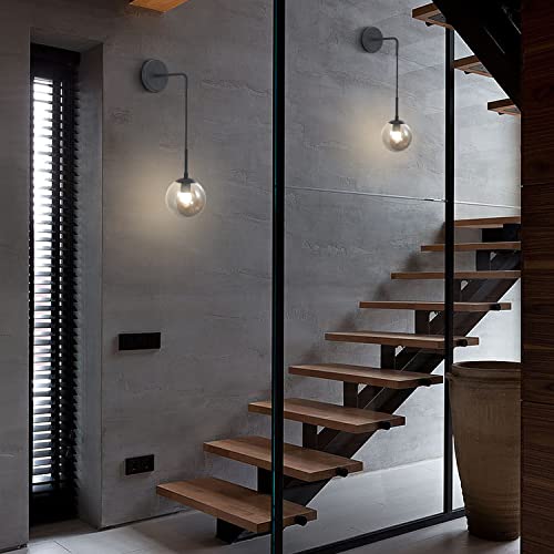 Image of KCO Lighting Black Glass Globe Wall Sconce Set of 2 Farmhouse Industrial Wall Lamp with Adjustable Cord Mid Century Modern Wall Mount Reading Light for Bathroom Mirror Bedside Stairs (Smoke Grey)
