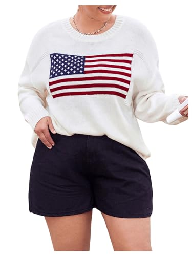 GORGLITTER Women's Plus Size American Flag Sweater Long Sleeve Round Neck Ribbed Knit Pullover Top