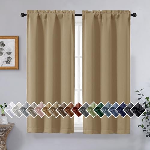 Image of Taupe Short Blackout Curtains for Bedroom 45 Inches Long 2 Panels Set, Solid Thermal Insulated Blackout Curtains, Energy Saving Soft Fabric Window Drapes, Dual Rod Pocket, 2x40Wx45L Inches