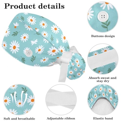Image of Butterfly Scrub Cap Women with Ponytail & Buttons Adjustable Surgical Nurse Hat with Cotton Sweatband for Long Hair