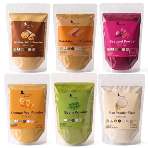 Image of Herbal Multani Mitti, Sandalwood, Beetroot, Orange peel, Neem , Rice Powder Mask by Kojagari ( Combo of 6 )| For Face pack | Reduce Acne, Darkspots, Pigmentation, D Tan | Bright and Glowing Skin |