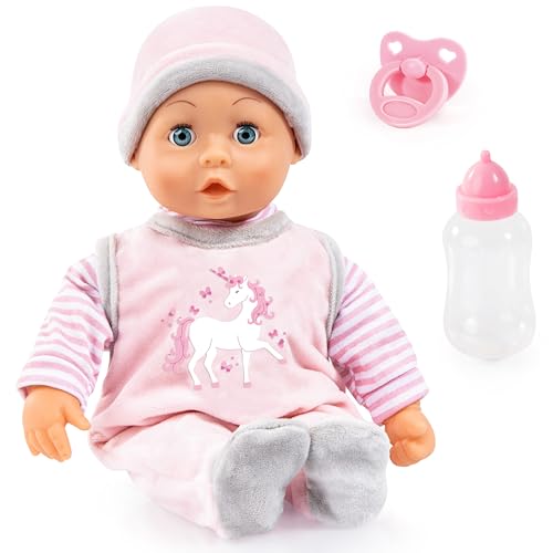 Bayer Design 93824CF Poupée Interactive, Poupon Qui Parle, avec 24 Sons, Corps Souple, Yeux endormis, 38 cm, tétine, biberon