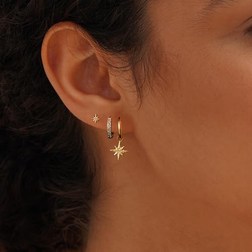 Image of Gold Plated Earrings for Women, 14k Gold Plated Earring Stack Hypoallergenic Pearl Drop Earring Dainty Earrings for Women Trendy Cute Small Huggie Hoop Earring Fashion Womens Jewelry