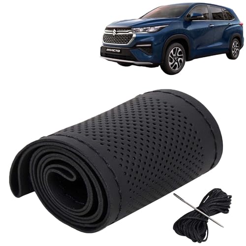Image of KINGSWAY PU Leatherite Car Steering Cover Sewable Compatible with Maruti Suzuki Invicto (Year 2023 Onwards), Black Color with Black Thread, Pack of 1 with Sewing Needle and Thread