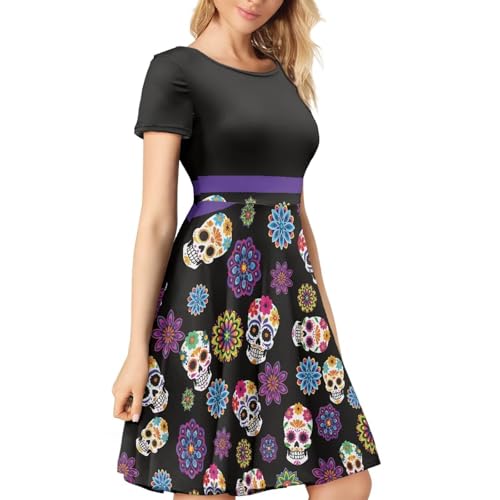 Image of HUGS IDEA Womens Puffy Swing Midi Dress Round Neck Short Sleeve Party A-Line Dresses