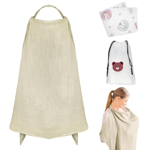 3 Stück Teiliges Stillschürze Set, Atmungsaktives Musselin Stilltuch für Babys, Aufbewahrungstasche & Mulltuch, Multifunktionales Stillcover für Unterwegs