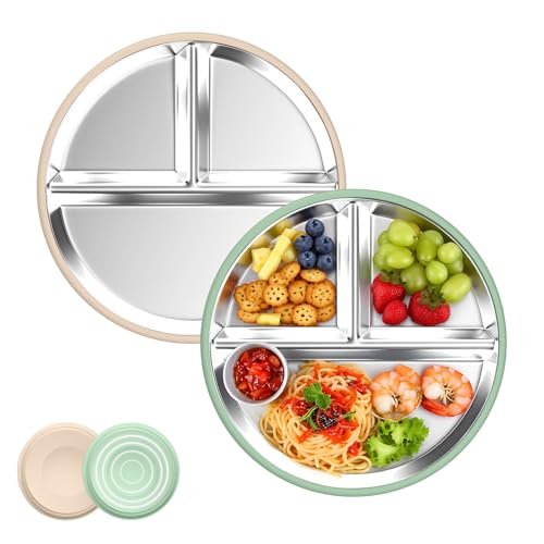 Edelstahl Baby Teller mit Saugnapf 2 Stück Silikon Kinderteller mit mit Neu 1 Groß Saugnäpfen Edelstahl Teller Baby BPA-frei Rutschfeste Abnehmbare Silikonhülle Kinderteller Beige + Dunkelgrün