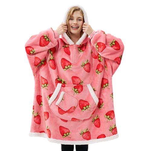 Image of Giggling Getup Wearable Blanket Hoodie for Adults Gifts for Teen Girls Sister Women Sherpa Fleece Printed Hooded Blanket Sweatshirt Warm Cozy with Pocket & Sleeves Pink Strawberry