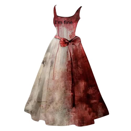Bauzuoyo Disfraz de Halloween para mujer, espeluznante, sangriento, zombie, para novia, disfraz de terror, gótico, elegante, vestido de novia, sin mangas, estampado rockabilly, vestido de cóctel