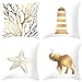 Epinki 50x50cm Kissenbezüge Set 4Pcs, Zierkissenbezüge in Polyester mit Seestern Elefant AST Observation Turm, Quadratische Kissenhülle für Wohnzimmer Sofa Dekor - Weiß Gold, Set 4