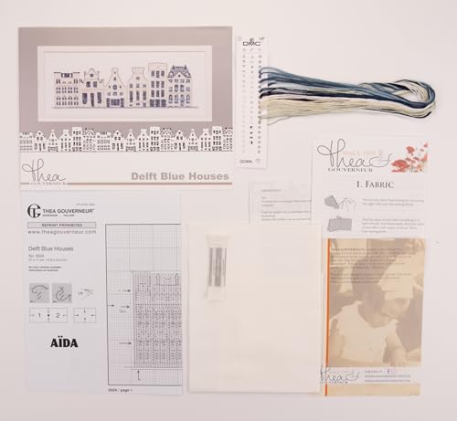 Image of Thea Gouverneur - Counted Cross Stitch Kit - Delft Blue Houses - Aida - 18 Count - Embroidery Kit for Adults - DMC Embroidery Threads and Other Cross Stitch Supplies Included - 552A