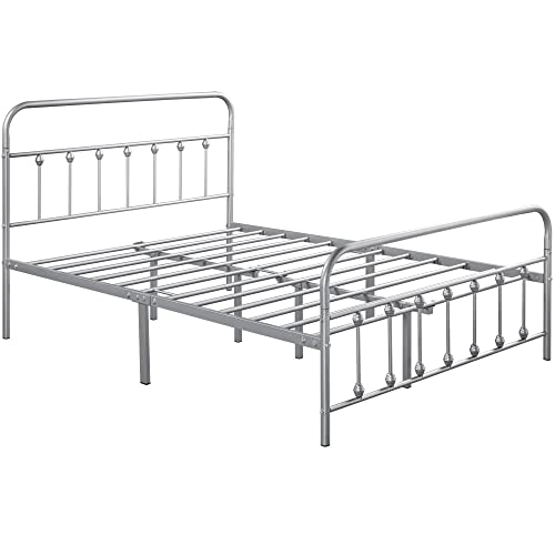 Topeakmart Full Size Victorian Style Metal Bed Frame With Headboard/Mattress Foundation/No Box Spring Needed/Under Bed Storage/Strong Slat Support Silver #TOP3
