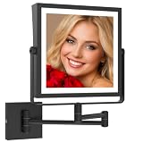 Ruacq Rechargeable Wall Mounted Makeup Mirror with Lights, Double Sided 1X/10X Magnifying Vanity Mirror with 3 Color Lighting, Touch Screen Dimmable, 360° Rotation Extension Foldable Arm(Matte Black)