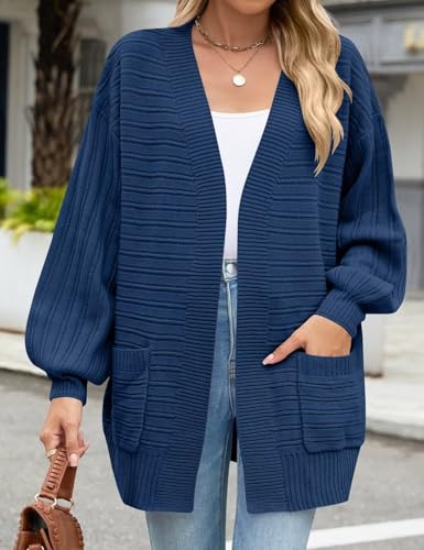 Image of MONNURO Womens Plus Size Cardigan Sweaters Cable Knit Open Front Puff Long Sleeve Fall Coat with Pockets(Lake Blue,3X)