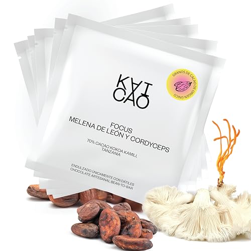 Kaicao Chocolate Negro Funcional 74% con Melena de León y Cordyceps - Dósis semanal - Endulzado con Dátiles - sin Azúcar Refinada, Sin Lactosa, Sin Gluten, Vegano - Cacao de Origen Tanzania - 5 x 30gr