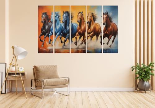 Image of KYARA ARTS 7 Horses Wall Painting for Living Room Big Size(30inchx48inch) Running Horses Painting Vastu for Bedroom, Office, Hotel - Wall Decor Wooden Framed-Digital Painting