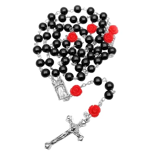Fcnjsao ユニークな数珠ネックレス ガラスビーズ ローズフラワー 鎖骨チェーン カトリックジュエリー 宗教ロザリオネックレス, ガラスパール、合金。