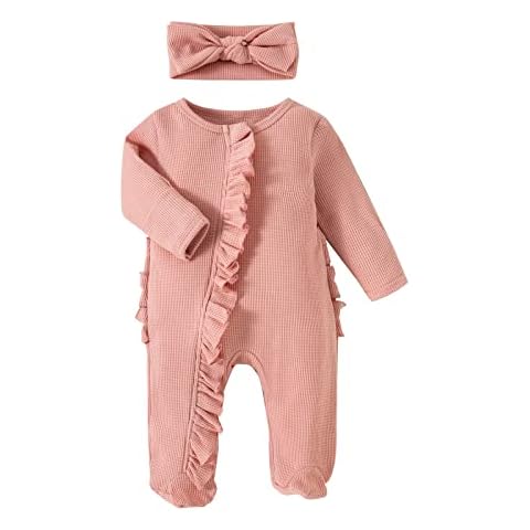 YINGISFITM Newborn Coming Home Outfit Girl Boy Zip Up Ruffle Footie Romper Jumpsuit Waffle Knit Onesie Hospital Clothes (Pink, Newborn) Cover