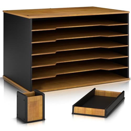 DL Davis lorence Wooden Paper Organizer 20.25'W x 12.25'H x 13.25'D, 6-Tier Storage for 12'x18' & 11'x17' Sheets, Includes Matching Pen Holder & Tray, Ideal for Office, Home, Art Room and Classroom