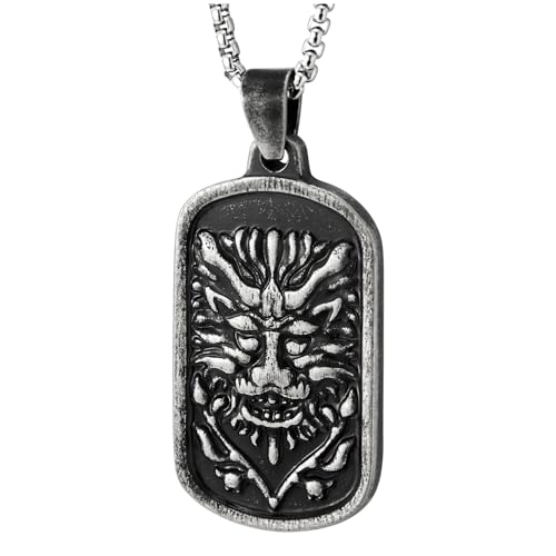 Collier lion homme pendentif dog tag acier inoxydable vintage oxydé noir chaîne de blé 60cm