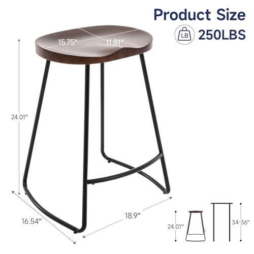 Butacos de Bar Juego de 2, Altura de 24 pulgadas, Asiento Silla de Madera Natural en Acabado Walnut, Base de Metal Negro, Sin Espaldar, Ideal para Isla de Cocina y Comedor miniatura 2