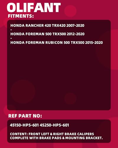 Front Brake Calipers for Honda Rancher 420 07-20 Foreman 500 12-20 Rubicon 500 15-20 Left & Right with Pads 45150-HP5-601 45250-HP5-601