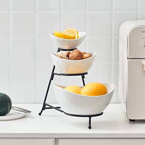 Gomakren 3 Tiered Oval Serving Bowl With Collapsible Metal Rack, Thanksgiving Bowls Dishes, Dessert Appetizer, Candy Chip Dip, Fruit, Vegetable Bowl Set, White Serving Dishes For Entertaining (Black) #TOP7