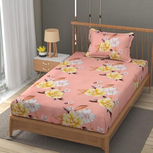 Image of Premium Heavy Cotton Flat Bedsheets with 1 King Size Pillow Covers | Single Bed 350 TC | 60 x 90 Inch Single Size Flat | :- Baby Pink Flower