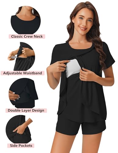 Image of Ekouaer 3 PCS Maternity Nursing Pajamas Set Postpartum Breastfeeding Short Sleeve Shirts, Pregnancy Shorts & Pants Pjs S-XXL