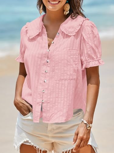 Image of Tankaneo Womens Puff Sleeve Shirts Peter Pan Collar Button Down Cotton Blouse Casual Summer Textured Tops