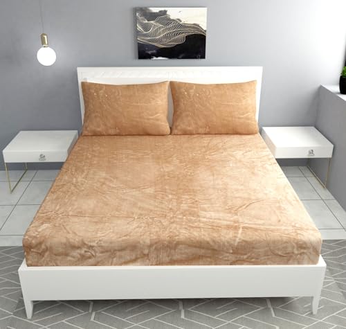 Image of Sands Flannel 300 TC Luxurious Bedsheets for Winter, King Size Fitted Warm Double Bedsheet, 72 x 78 x 10 inches, with 2 Pillow Covers (Cream)