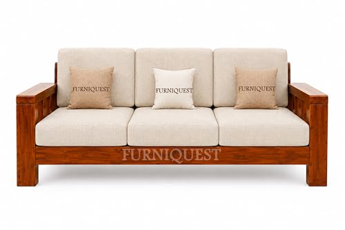 Image of Solid Sheesham Teak Wood Wooden Sofa Set 5 Seater Home Furniture Living Room | Wooden Sofa Set 3+1+1 | Sofa Set 5 Seater | 5 Seater Sofa Set, (3+1+1, Chocolate Brown Finish)